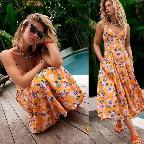 Free People finer things printed midi dress in sunshine combo - XL nwt - Picture 1 of 6
